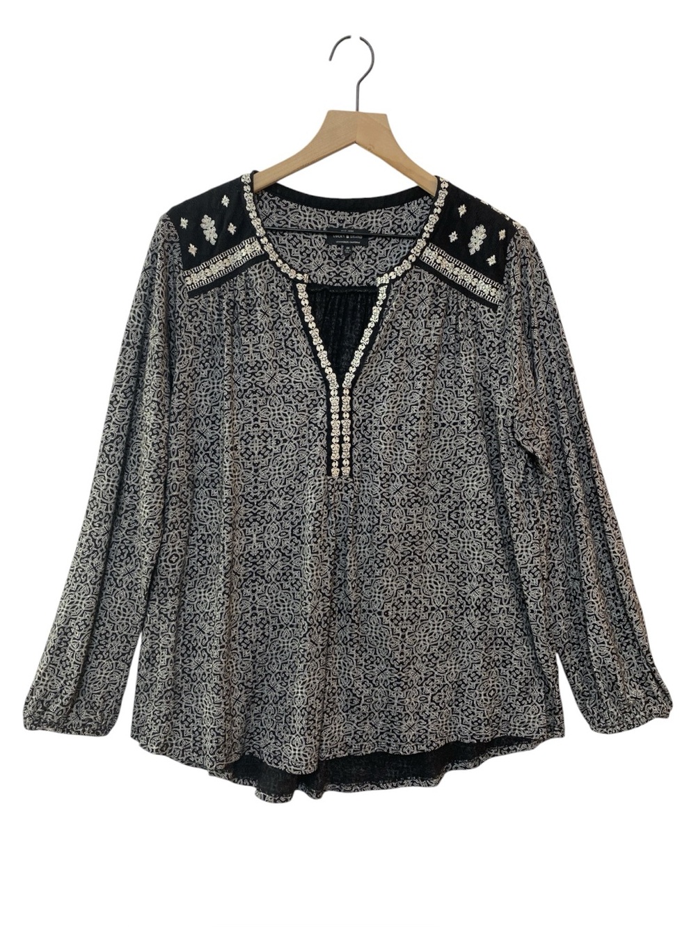 Lucky Brand Embroidered Top Size XL Peasant Boho Black/White Relaxed Fit
